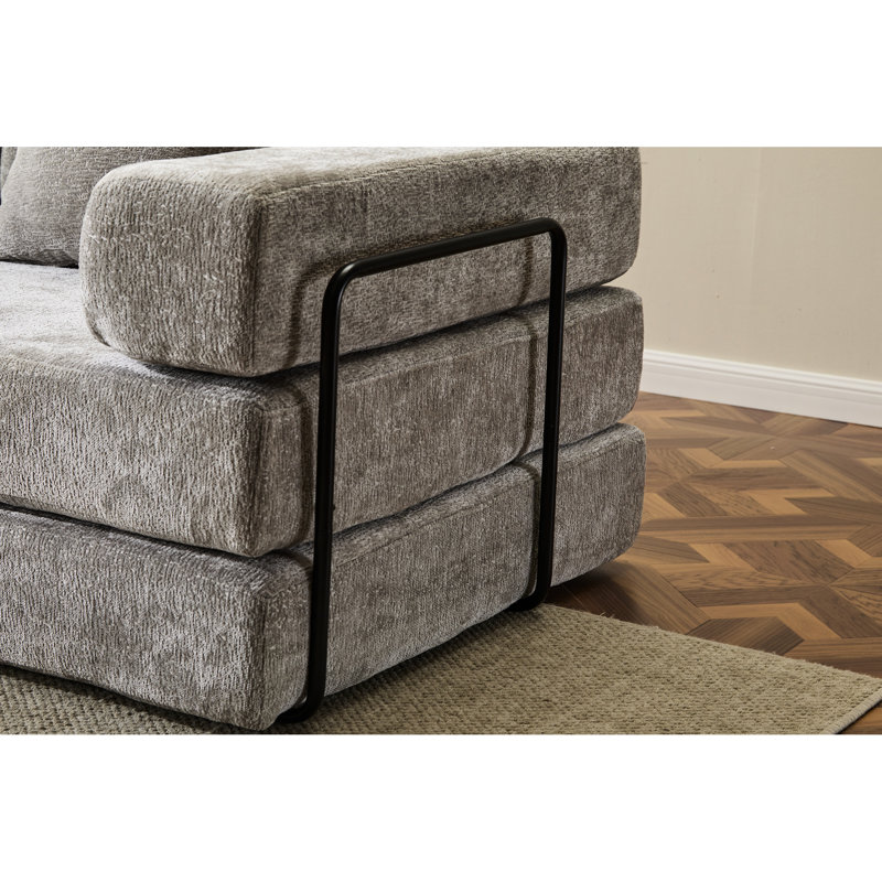 Canapé de sol confortable avec accoudoirs et dossier, chenille grise, mousse à mémoire de forme, 3 places, accoudoirs de compression, convertible en futon, mousse