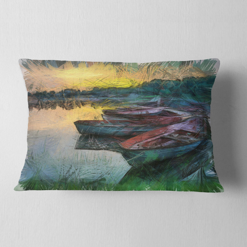 Bateau de pêche par rivière, aquarelle, impression de paysage, Rectangle, 12 po x 20 po