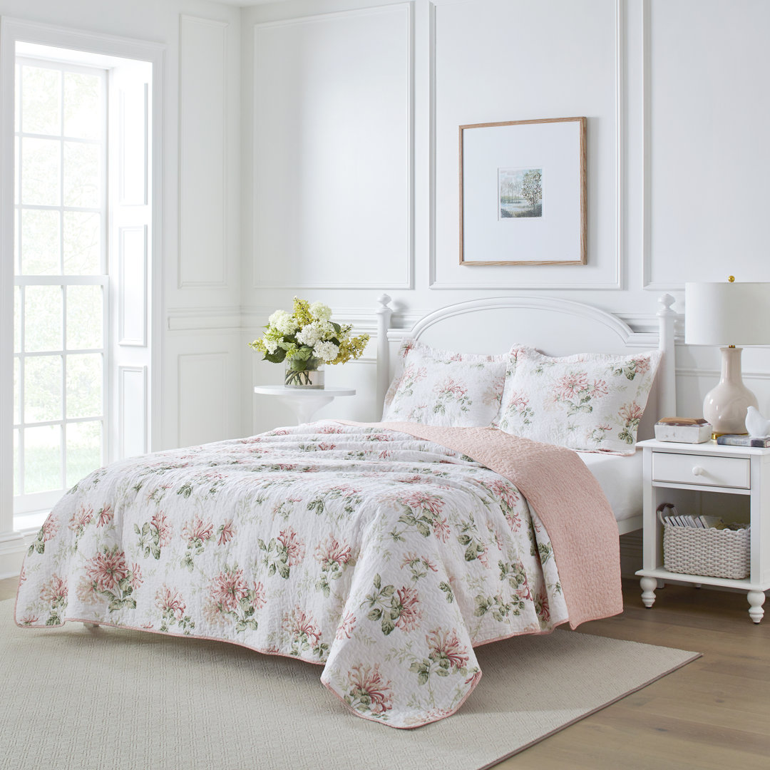 Laura Ashley Honeysuckle Cotton Reversible Pink Quilt Set Laura Ashley
