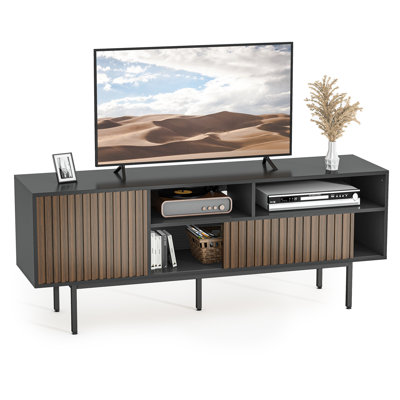 Meuble télé de style années 50, fini brut, pour téléviseurs jusqu'à 75 pouces, console multimédia avec portes coulissantes, pieds en acier massif et passe-câbles.