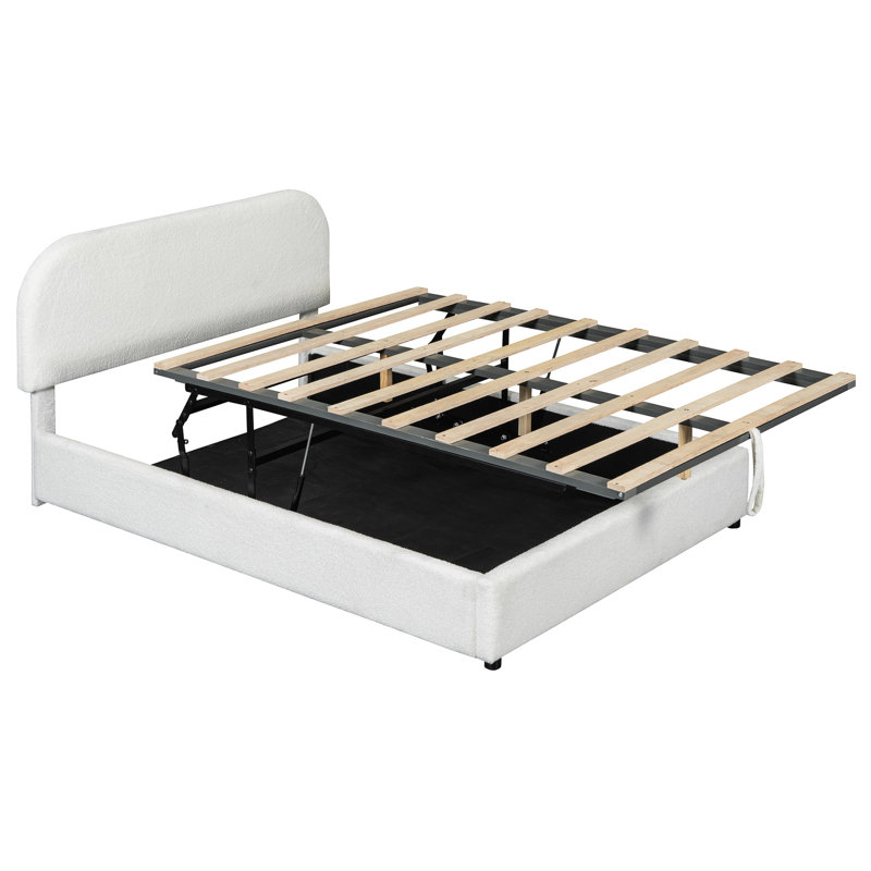 Lit plateforme double avec molleton blanc et rangement hydraulique rapide silencieux, Lit double