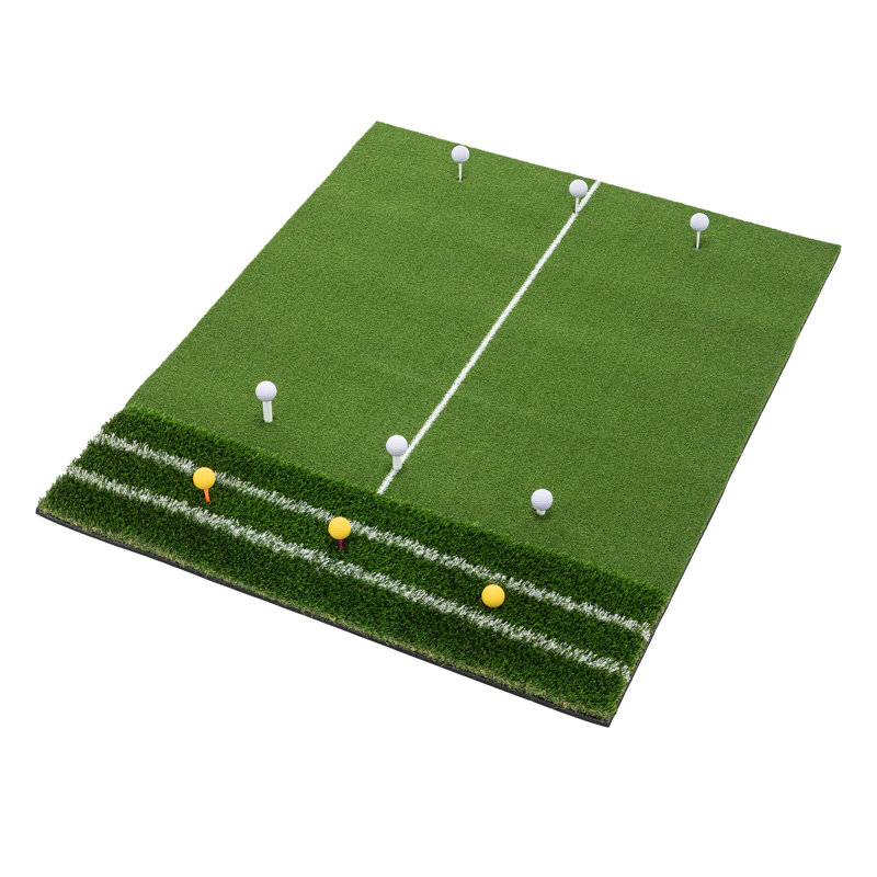 Tapis de golf 5 pi x 4 pi avec ligne de guidage, terrain de jeu intérieur et extérieur robuste avec 9 positions de départ, tapis de golf complet avec balles, tés et sangle de rangement