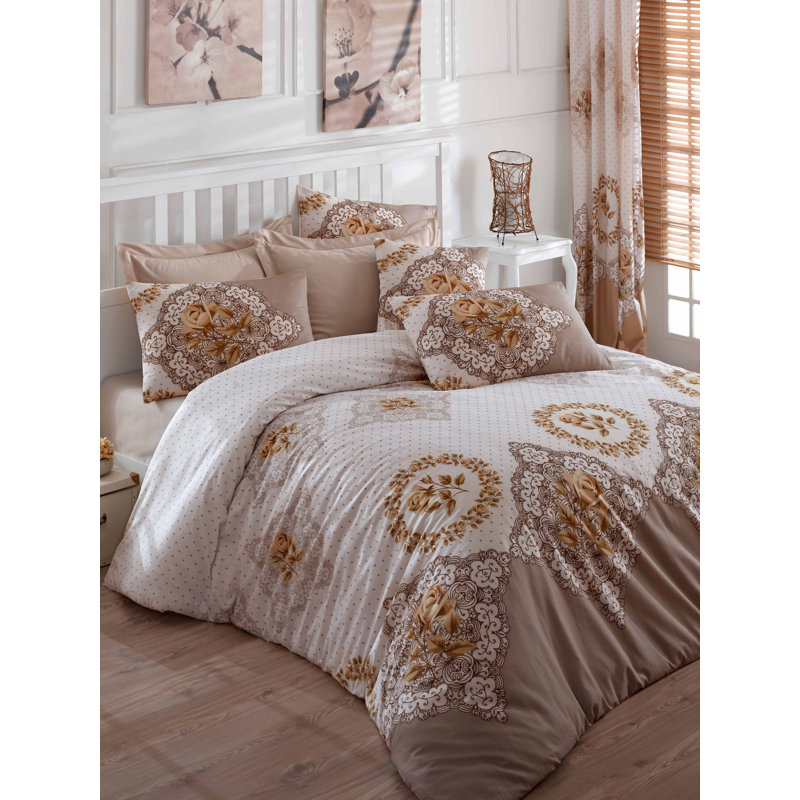 Ensemble de housse de couette 100% coton brun / blanc / moutarde Yancheva, Housse de couette 61 po x 79 po + 1 taie d'oreille