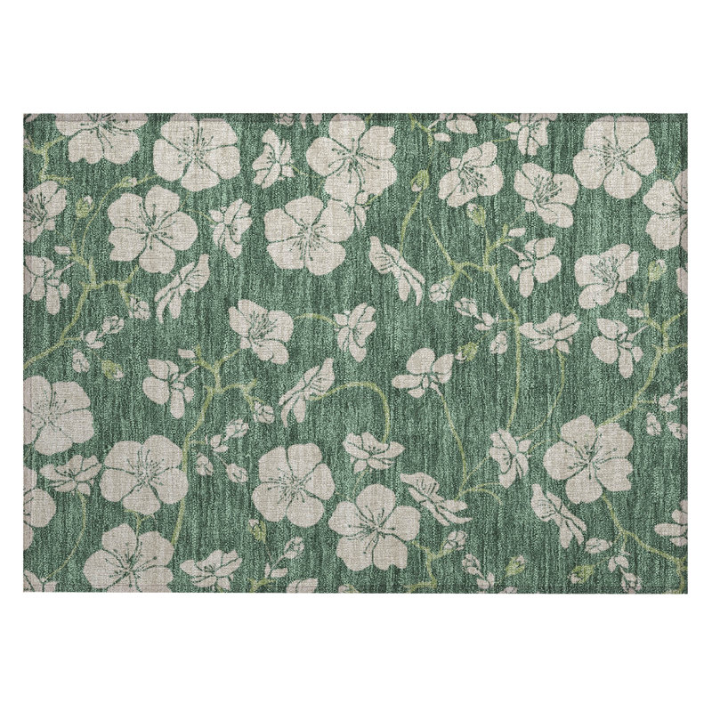 Sage Floral Synthetic Rectangular Washable Rug 20" x 30"