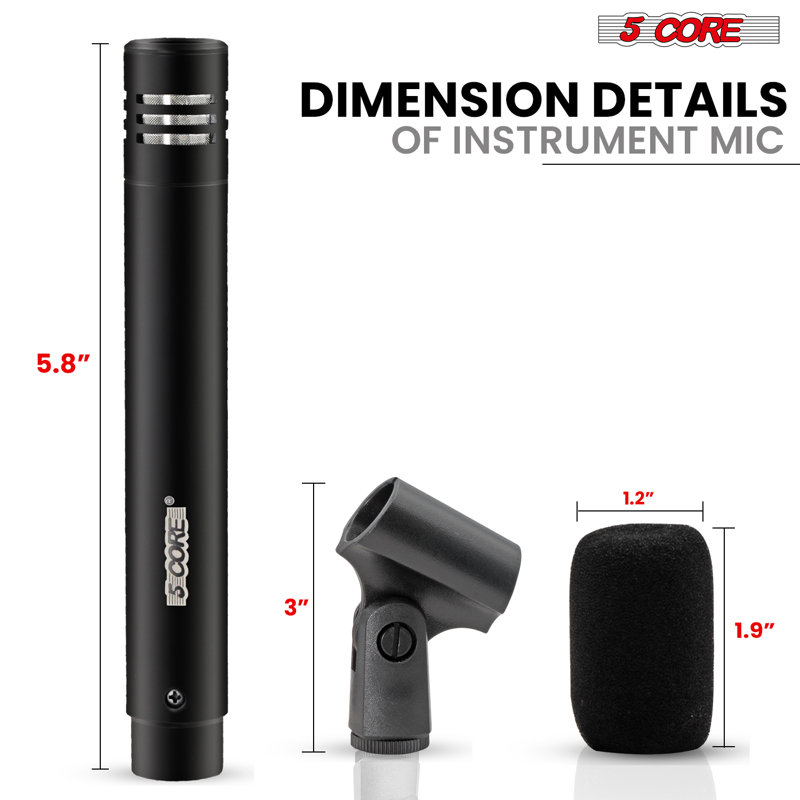 5 Core Instrument Microphone Professional XLR Cardioid Pencil Stick Condenser Mic Black