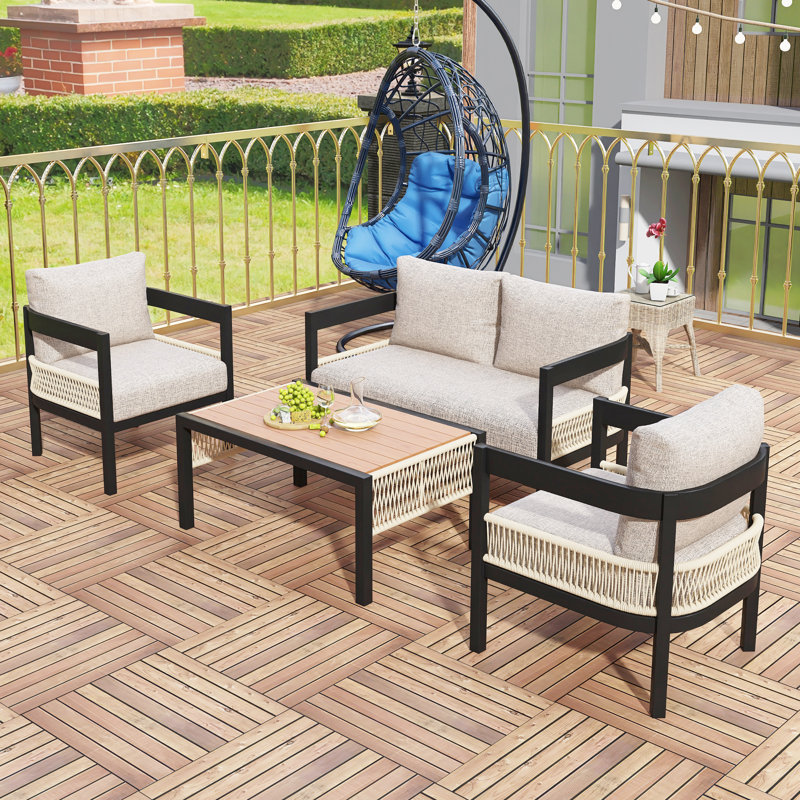 Ensemble de canapé d'extérieur en fer multi-personnes avec une table, décoration en rotin, imperméable et antirouille, Beige