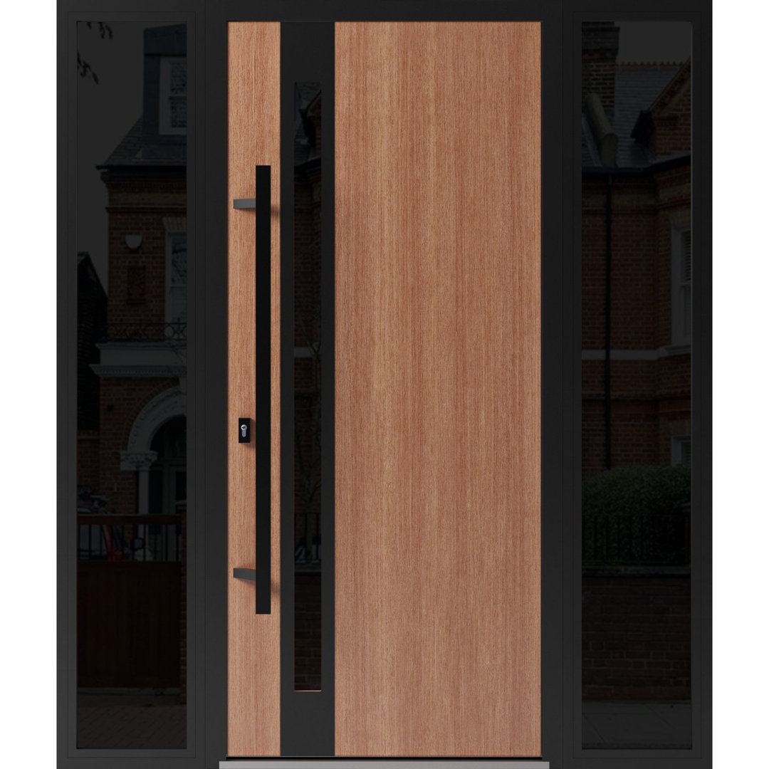 Front Exterior Prehung Steel Door Ronex 1033 Teak 2 Side Exterior Windows Sidelites Entry Metal Modern Painted Inswing VDomDoors