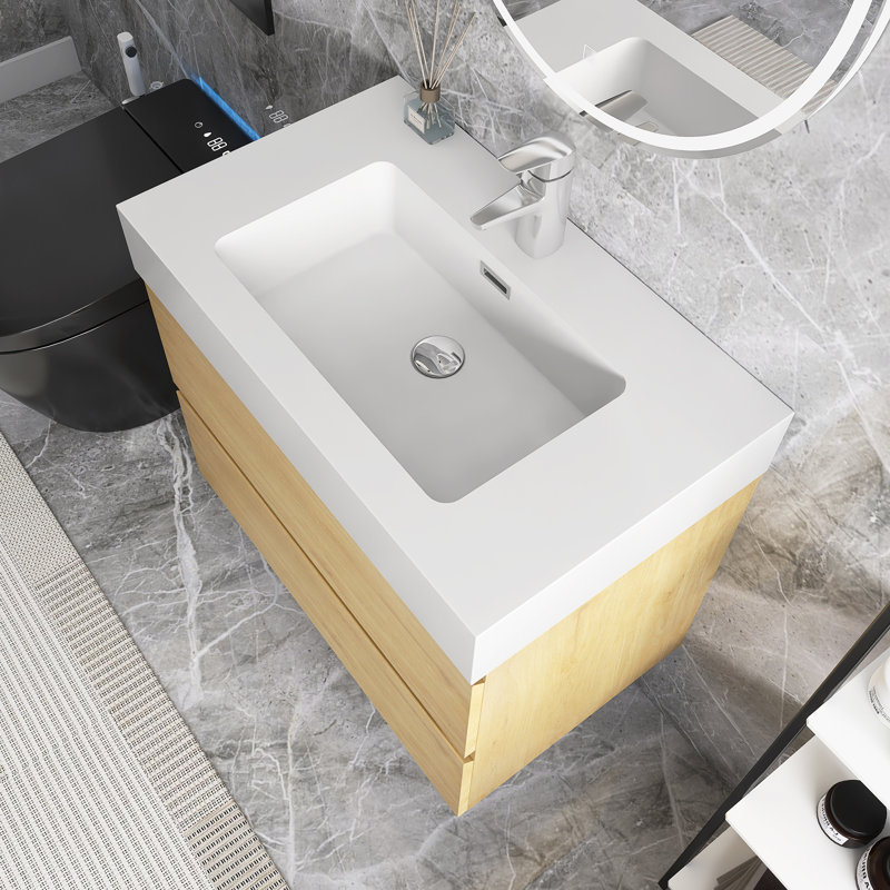 30 po Meuble-lavabo simple mural avec plateau, Chêne