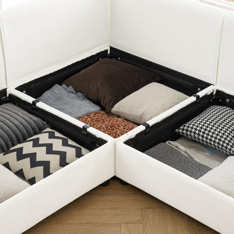 Canapé modulaire modulaire avec repose-pieds avec rangement et assise profonde, Chenille blanche