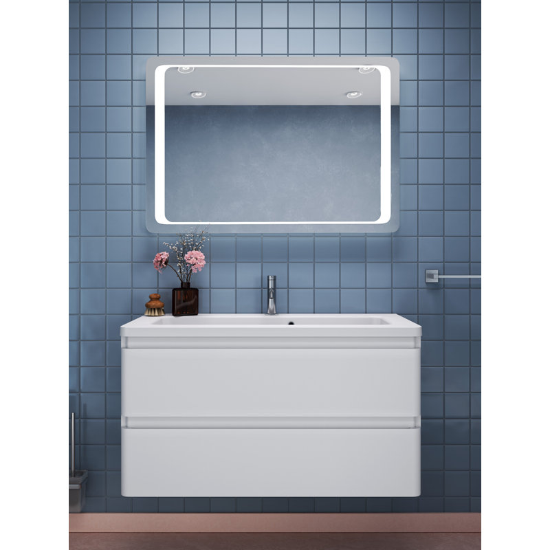 Ensemble de meuble-lavabo mural simple 39,1 po avec plateau en céramique et miroir Gurnaik, Teck naturel