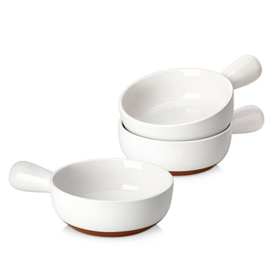 3 Piece White&Khaki Ceramic Soup Bowl Set With Handle,23 Oz Large Serving Bowls,Textured Sesame Glaze