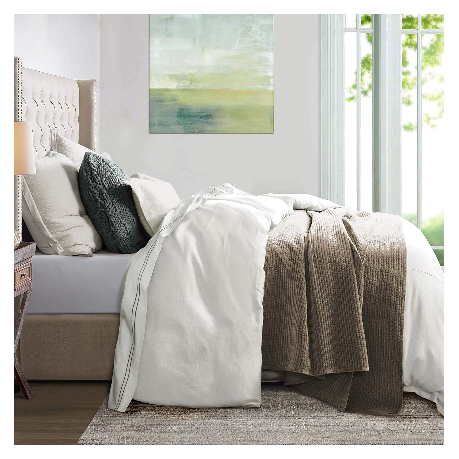 Hera Washed Linen Flange Modern Rustic Chic 3 Piece Comforter Set, White, King Comforter + 2 Shams