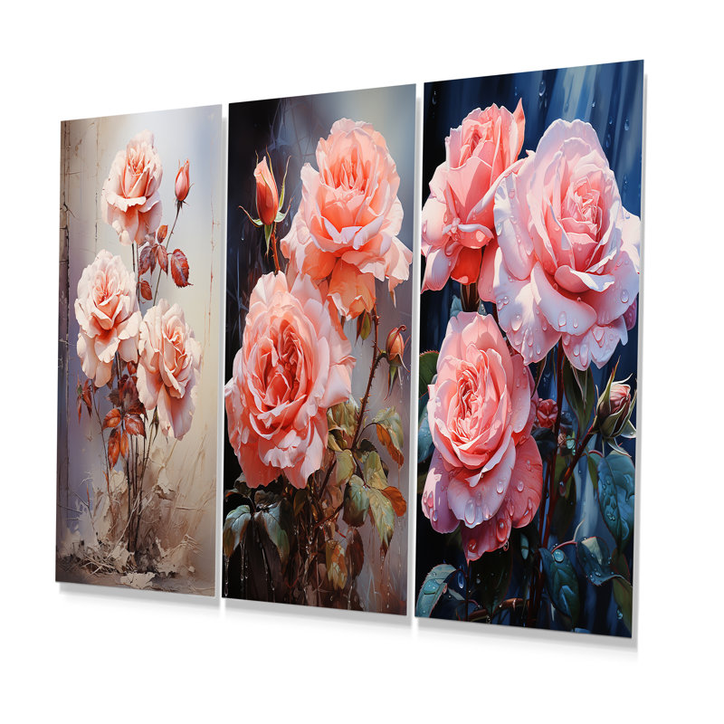Pink Roses Symbolic Allure - Roses Metal Wall Art Living Room Set Of 3, 28" H x 36" W