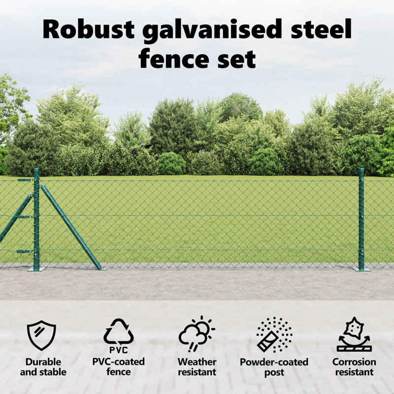 Chain Link Fence With 7 Flanged Posts Galvanised Steel, 40cm H x 1000cm W, Green