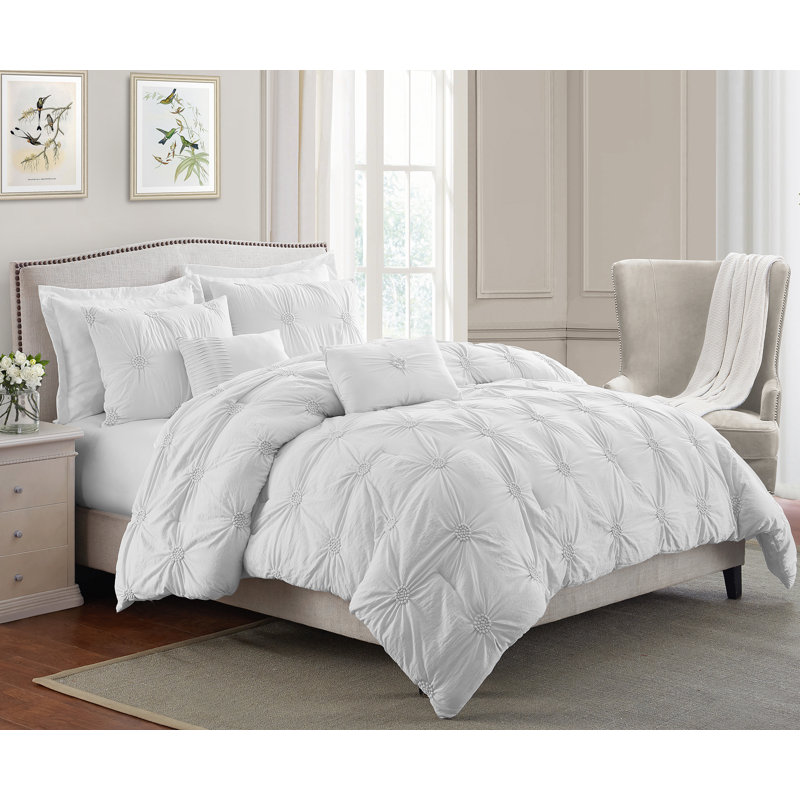 Floral Pintuck 3PC Comforter Set, Soft Microfiber, Pastel Colors, Lightweight Bedding Set, Full/Queen Comforter + 2 Shams