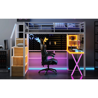 Twin Size Loft Bed With Metal Frame, Work Desk, Wardrobe & Led Staircase Rack - Space Saver Assembly Kit White Wardrobe, Storage Strip Saving Idea