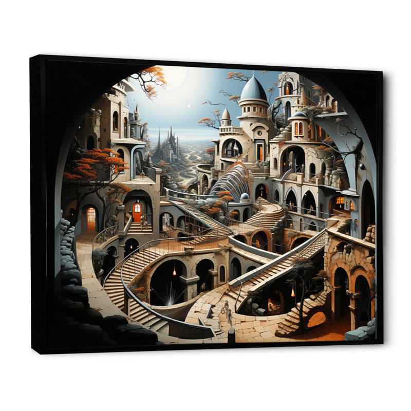 Surréalisme City Infinite Illusions II, H 34 po x l 44 po x P 1,5 po, Cadre flottant noir