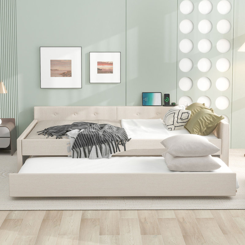 Grand lit plateforme tapissier avec ports USB et lit gigogne simple, tissu de lin, beige, Grand lit