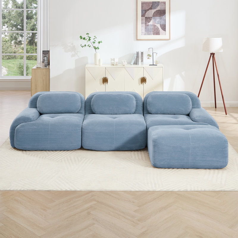 Canapé modulaire en forme de L Boneless en velours côtelé avec repose-pieds, Velours côtelé bleu