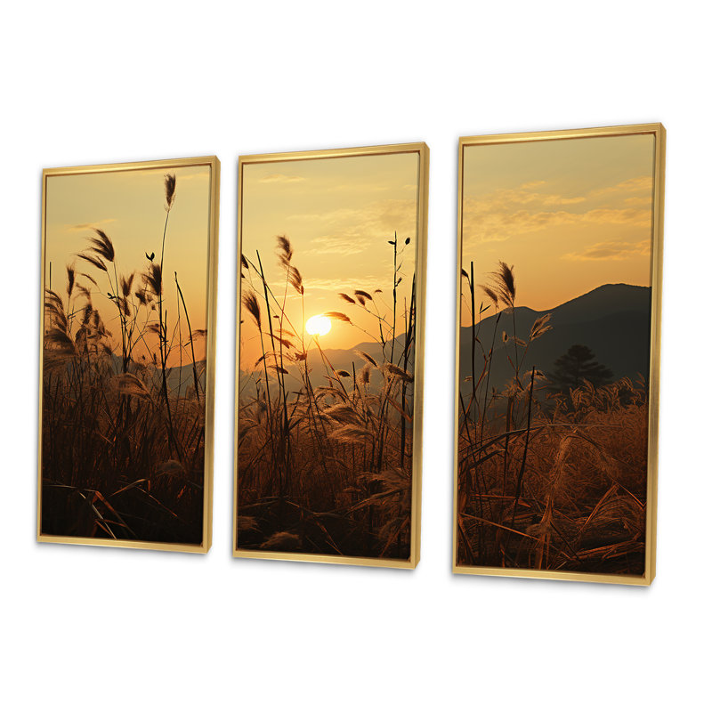 Field With Sunset - Landscape Wall Decor Set, Gold Floater Framed, 28" H x 36" W x 1" D