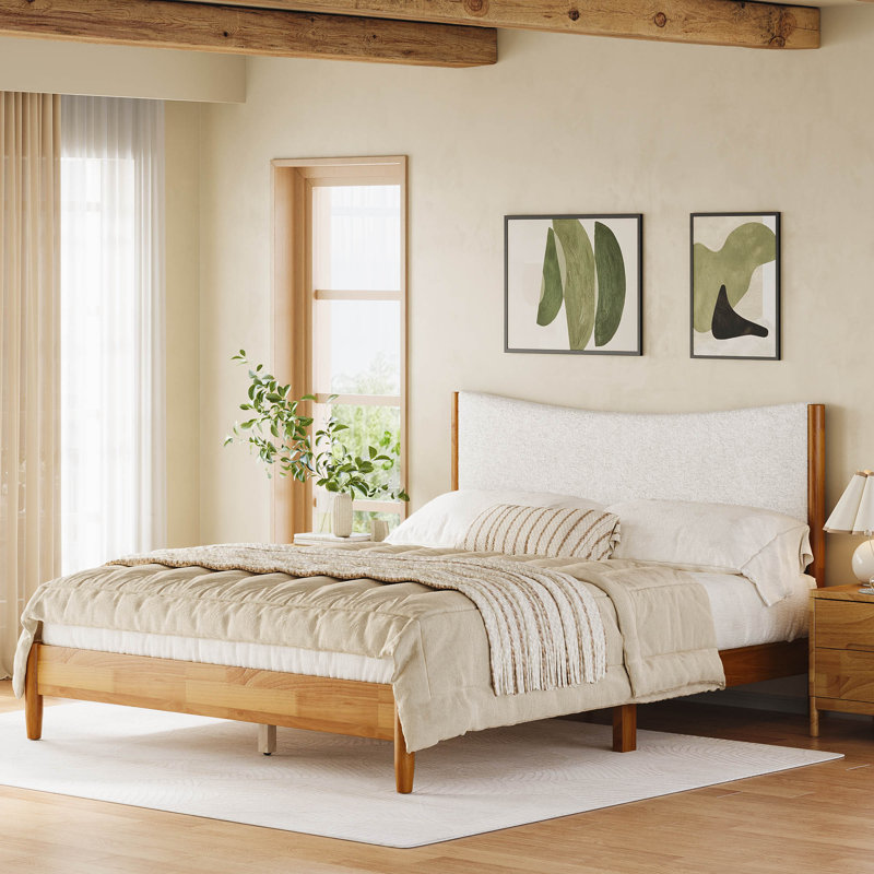 Scandinavian Queen Platform Bed, Teddy Boucle Upholstered Headboard, Kiln-dried Solid Wood Frame & Tapered Legs