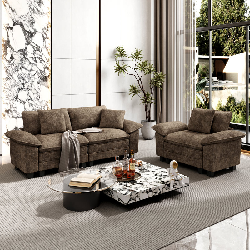 Ensemble de canapé modulaire rembourré 2 pièces, ensemble de canapé surdimensionné avec causeuse et fauteuil, Chenille brun