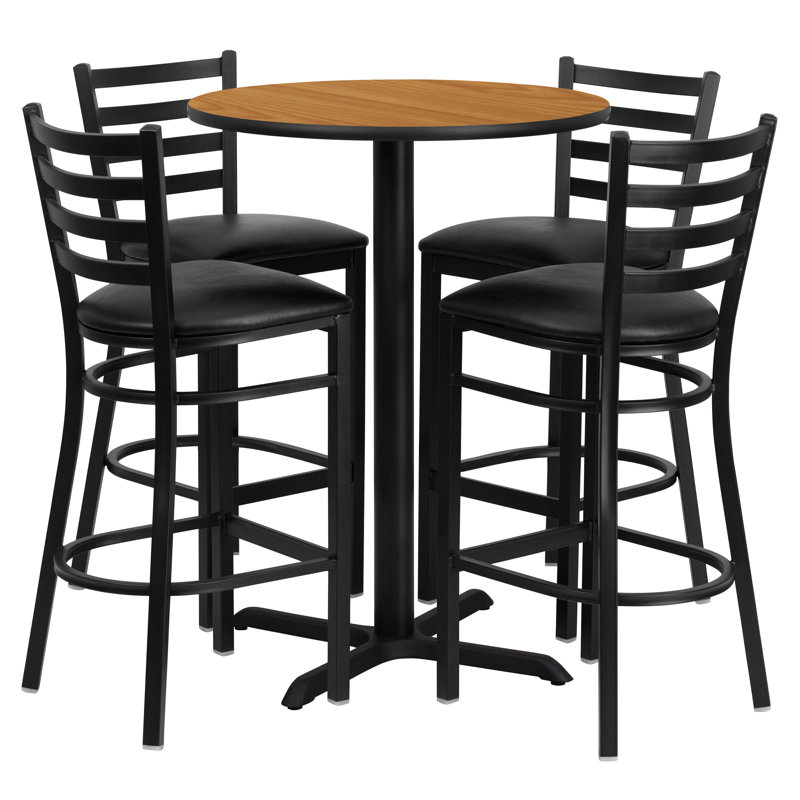 30'' Round Laminate Table Set with X-Base and 4 Ladder Back Metal Barstools, Natural, Black