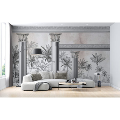 Murale tropicale grise à colonnes classiques | Papier peint jungle romaine 3D | Non-tissé ou pelez et collez