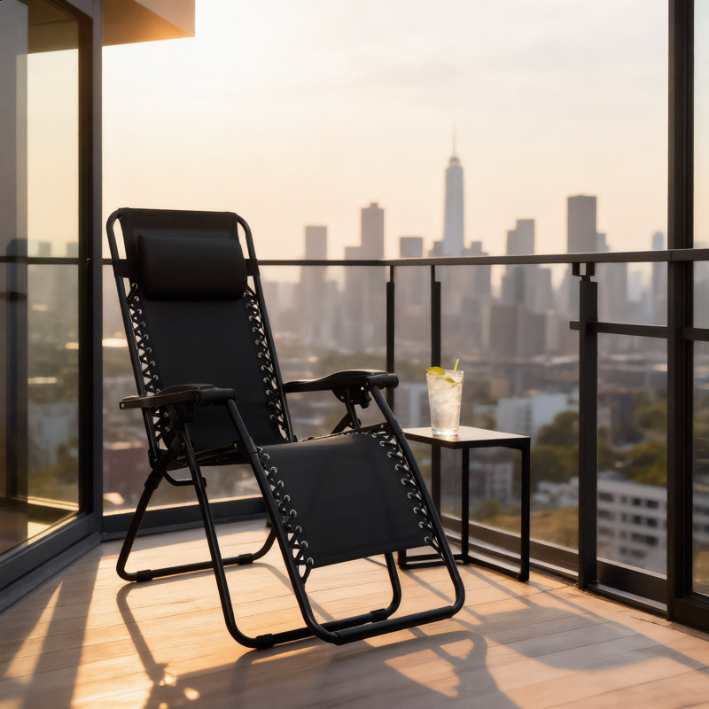 Chaise pliante simple noire pour l'extérieur avec rangement rembourré et appui-tête rembourré, Black