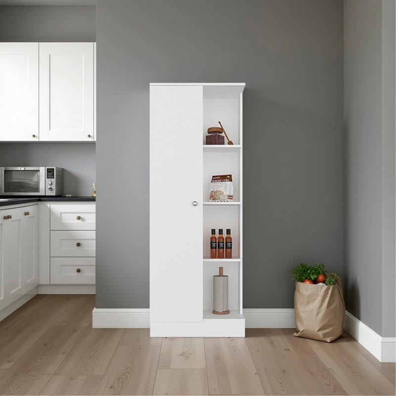 Garde-manger Ayora avec 4 tablettes de rangement ouvertes et une armoire à une porte pour le rangement caché, garde-manger polyvalent pour la cuisine, le linge ou la lessive