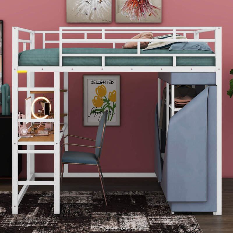 Loft Metal Bed With Desk, Shelves And Wardrobe, Full, White