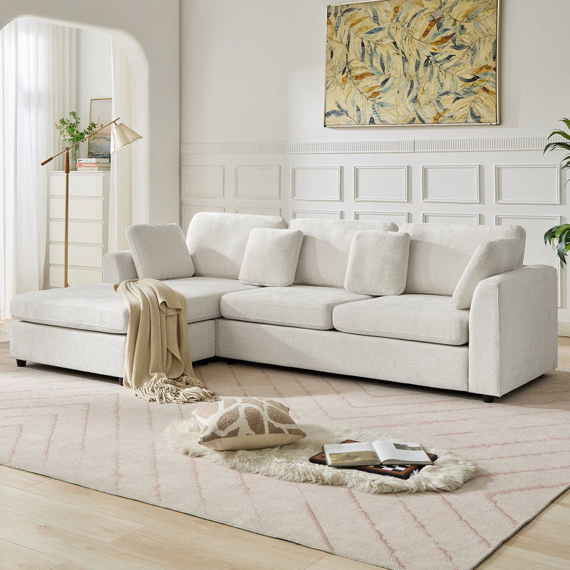 Canapé rembourré en L de 108,7 po avec méridienne convertible Crofford, Mélange de polyester blanc
