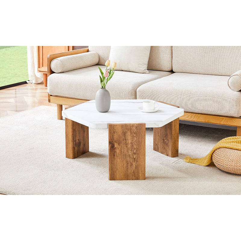 Modern, 31-inch, Hexagonal Coffee Table, White Scratch- Tabletop, Triangular Support, Living Space Top, Quick Setup,