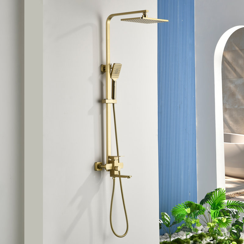 Wall Mounted 3-Function Exposed Complete Shower System With Handheld Shower And Tub Faucet, Brushed Gold