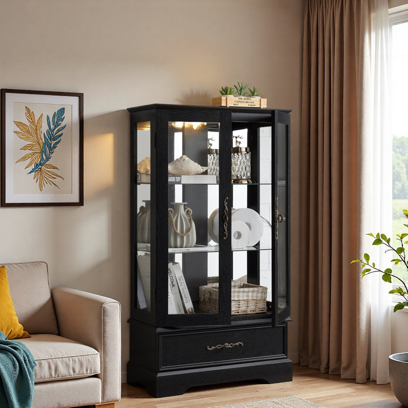 Lighted Glass Curio Cabinet With Led Light, Adjustable Shelves And Drawer