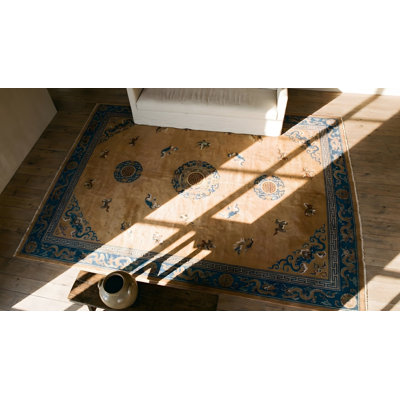 Big Antique Light Ivory Color Chinese Dragon Medallion Knotted Pile Rug
