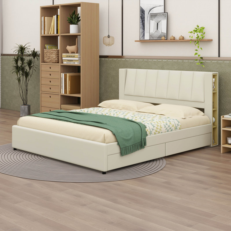King Size Upholstery Platform Bed with Storage Headboard, 2 Drawers and Trundle,, Beige