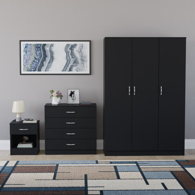 Maybery 3 Piece Bedroom Set (1 Drawer Bedside Chest, 4 Drawer Chest, 3 Door Wardrobe), (5)