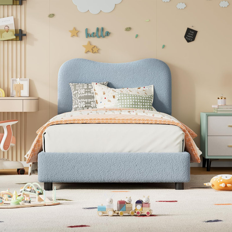 Twin/Full/Queen Size Bed Frame for Kids w/ Velvet Upholstered Headboard, Cute Low Profile Platform Bed for Girls and Boys