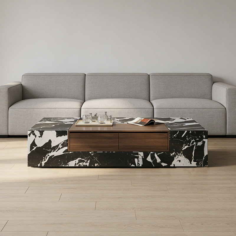 Table basse au style Ã©purÃ© et moderne avec 2 tiroirs, 13.77" H x 55.11" L x 27.55" W, Black/White