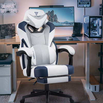 Chaise de jeu PRO, chaises de jeu ergonomiques pour adultes, fauteuil de bureau inclinable avec repose-pieds et support lombaire, grand fauteuil de jeu en filet avec coussin (blanc et bleu)
