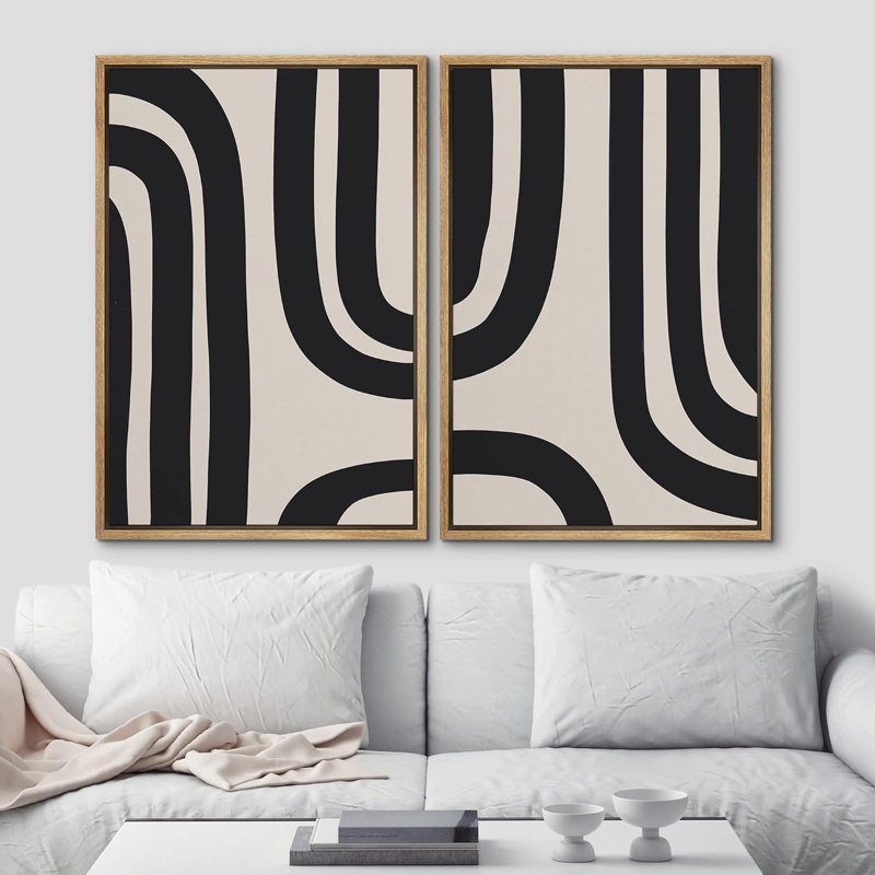 Geometric Line Shape Mid Century Modern Black Abstract Spiral Neutral Decor Framed On Canvas 2 Pieces Print Wall Art, Natural