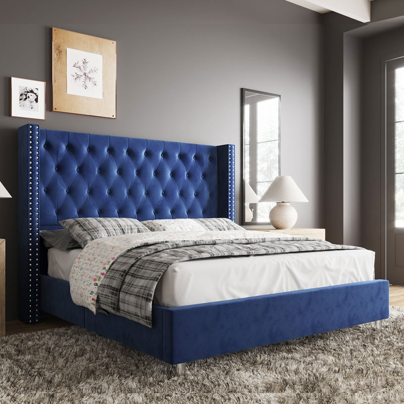 Duluth Upholstered Wingback Bed, King, Navy
