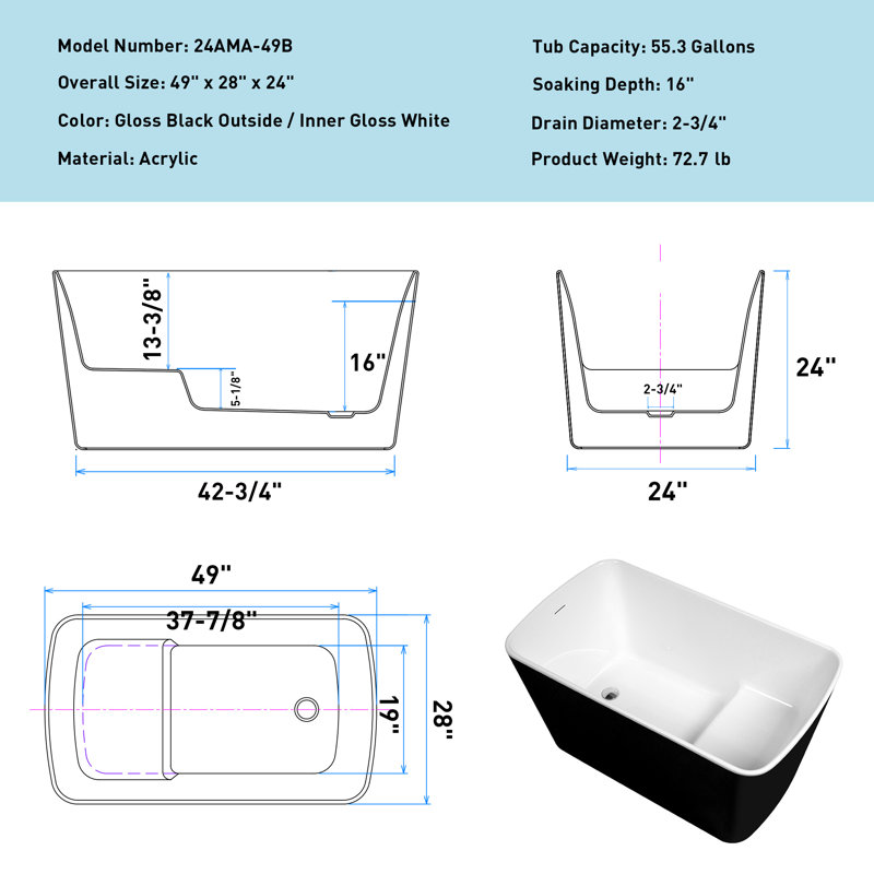 49'' x 28'' Freestanding Acrylic Bathtub