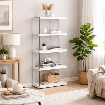 Bibliothèque décorative Hulo, 5 niveaux de rangement, 59 pouces, verre transparent, blanc