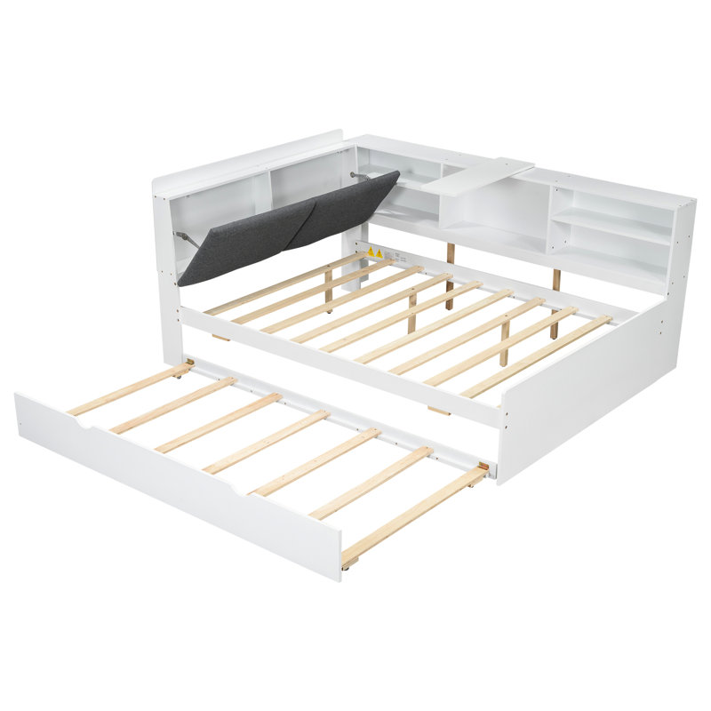 Lit plateforme en bois blanc avec lit gigogne, tête de lit avec rangement et étagères - tablettes élégantes à effleurement, peu encombrantes