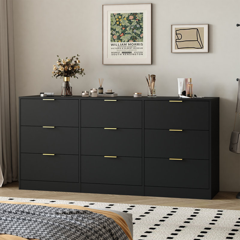 Commode 9 tiroirs longue, commode télé de 63 po de large avec support de rangement pour salon et chambre à coucher, Noir