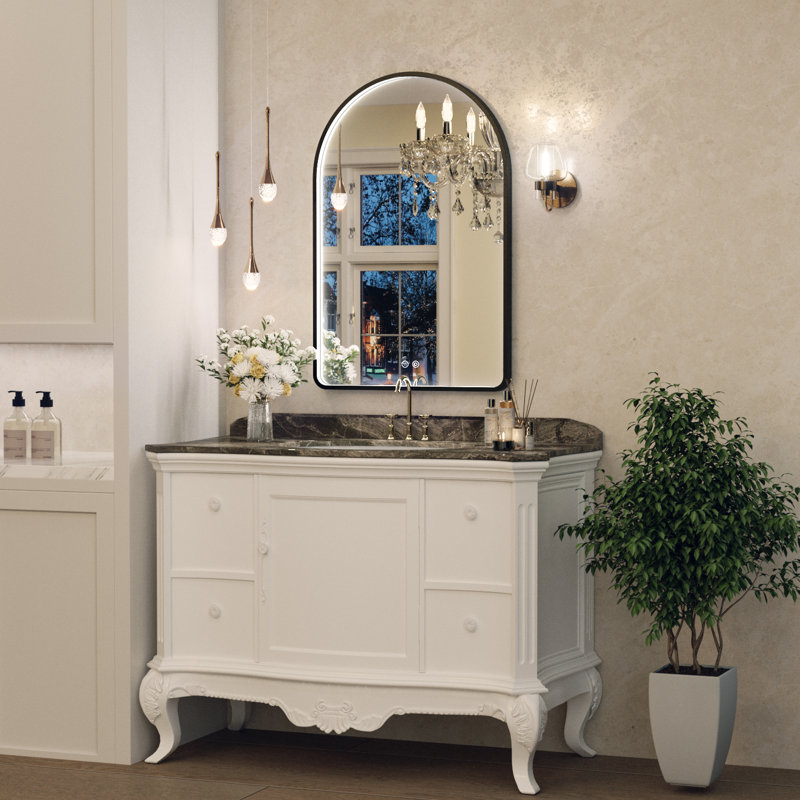 Miroir de salle de bain à DEL avec lumières, miroir de salle de bain arqué avec antibuée, température de 3 couleurs, fonction de mémoire, à intensité variable
