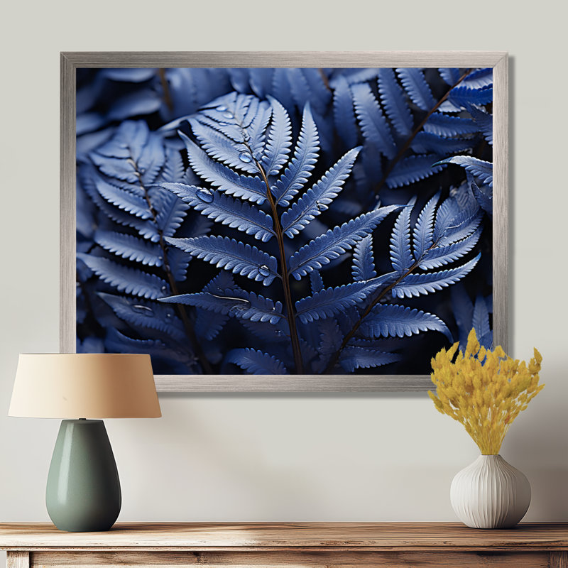 Blue Ferns Indigo Tranquillity I - Print, H 16 po x l 32 po x P 1 po, Cadre simple argenté