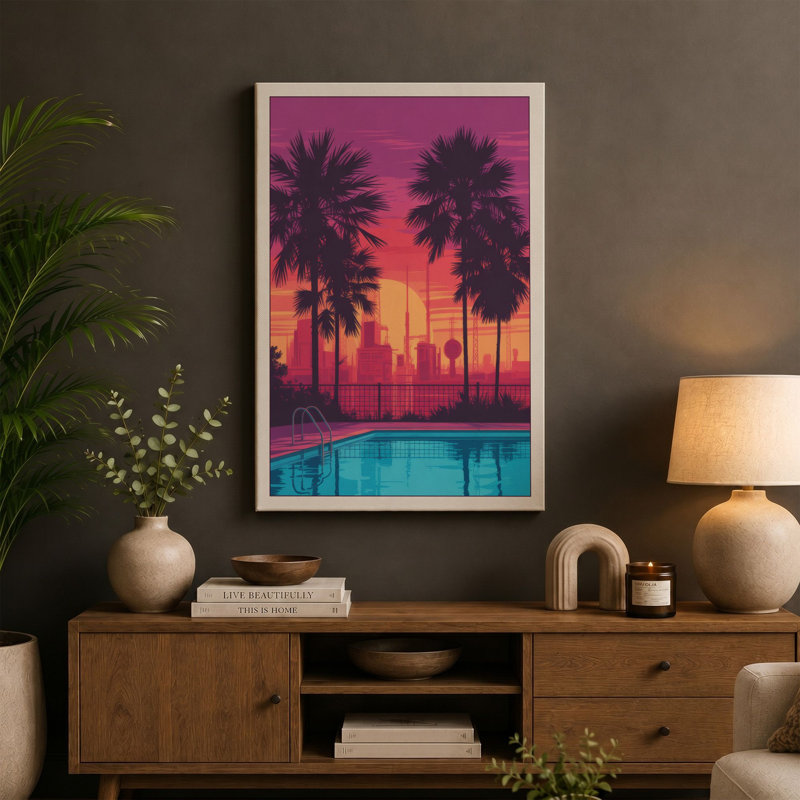 Tropical Sunset Poolside Retro - Wrapped Canvas, 24x16 - 61.0 x 40.6 cm, Ochre Border